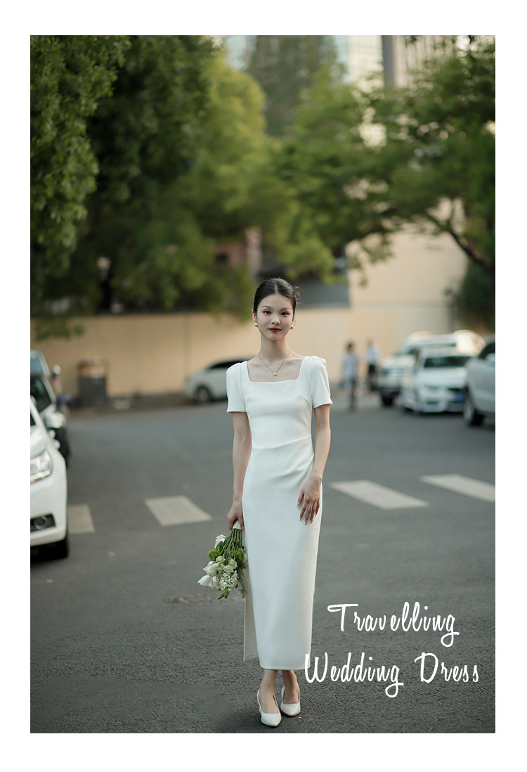 白色法式小礼服方领短袖修身微弹力长款领证订婚小晚礼服连衣裙详情7