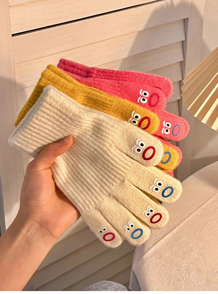 秋冬天毛线可爱针织卡通保暖五指可触屏韩版季露指学生手套女冬季详情1