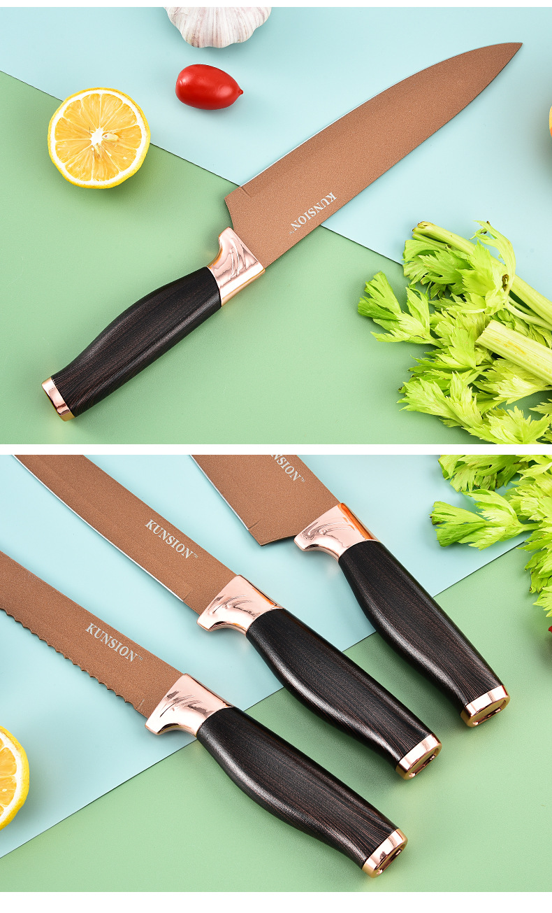 Stainless steel knife set, household titanium gold knife, slicer knife, chef knife, fruit knife, melon slicer 6-piece gift box set pic 12