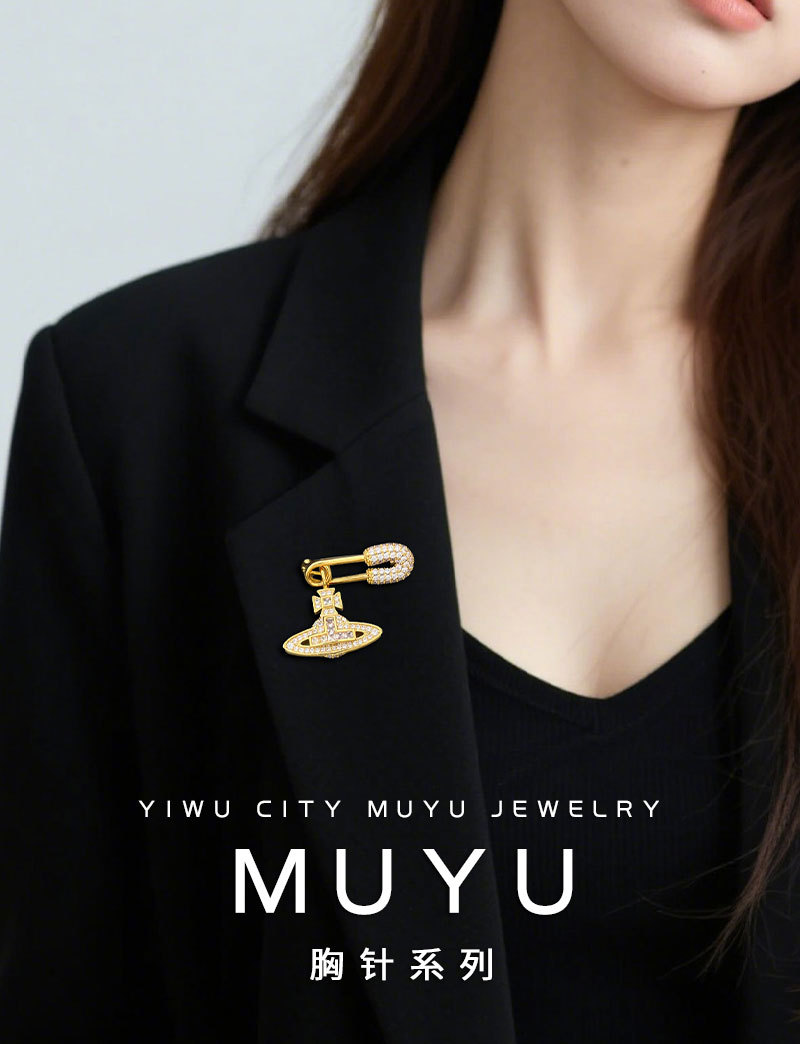 轻奢时尚经典土星别针微镶满锆个性复古设计日常穿搭胸针爆款胸花详情9