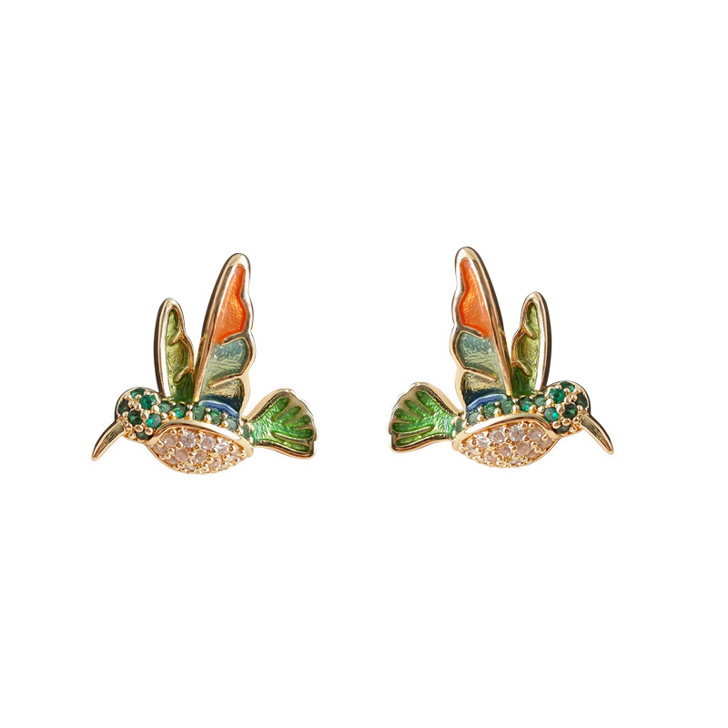 Light luxury style colored enamel drop glaze hummingbird 14K ear studs slightly inlaid zircon three-dimensional bird dynamic and high-end earrings pic 12