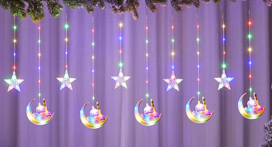 Cross-border foreign trade LED painted leather line star and moon curtain light interior decoration 10 hanging moon five-pointed star castle color pic 6