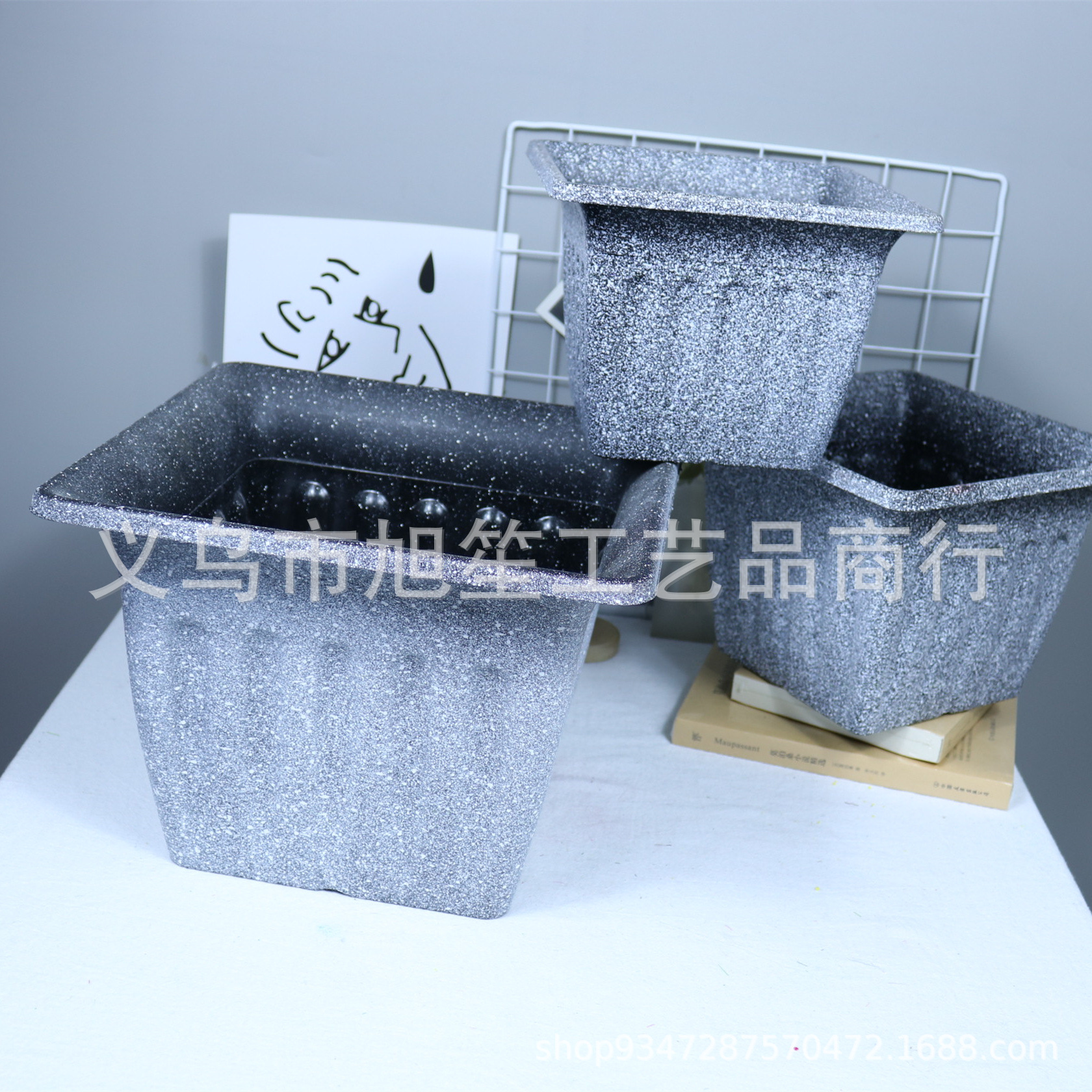 Golden square large-diameter light luxury balcony flower pot decoration, spray-painted hotel ornaments, garden plastic flower POTS pic 1