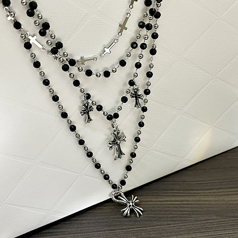 Retro cross-flower pendant black bead necklace, multi-layer layered punk, ins style, high-end collarbone chain, hot girl necklace pic 13