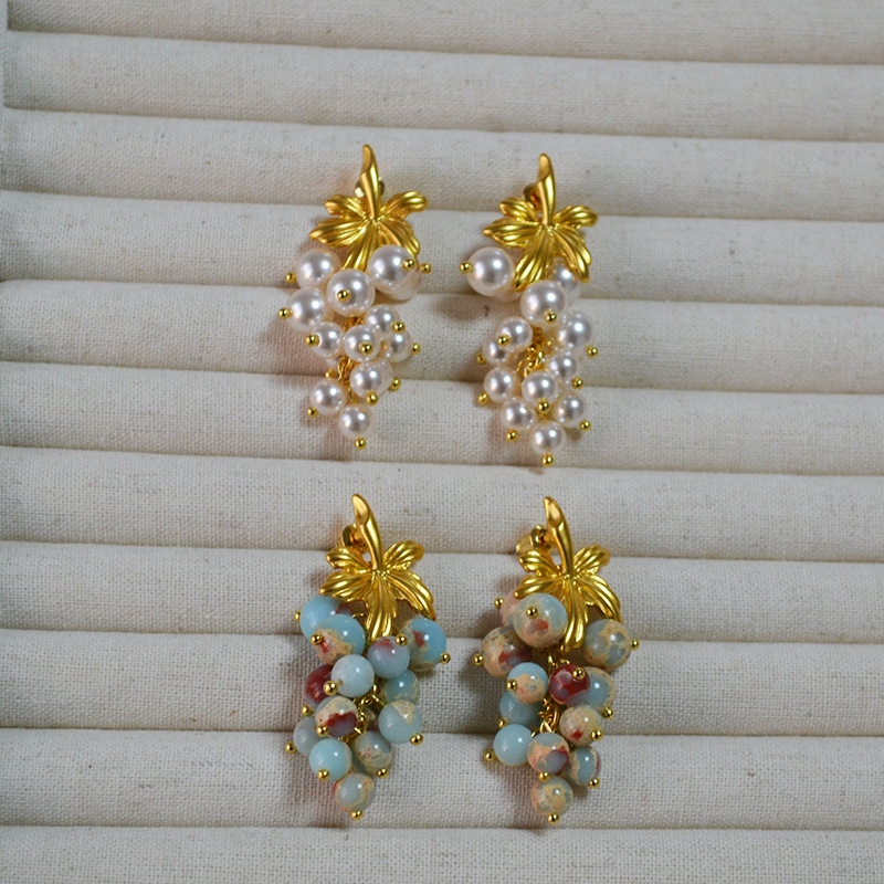 欧美复古文艺石头串珠树叶葡萄珍珠法式小众气质925银针耳环耳饰详情2