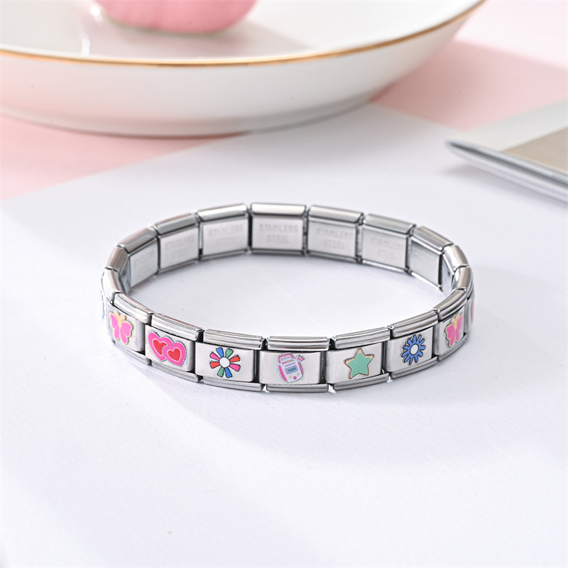 意大利模块手链 不锈钢创意弹力手环 拼接方块火车卡印花手链详情12