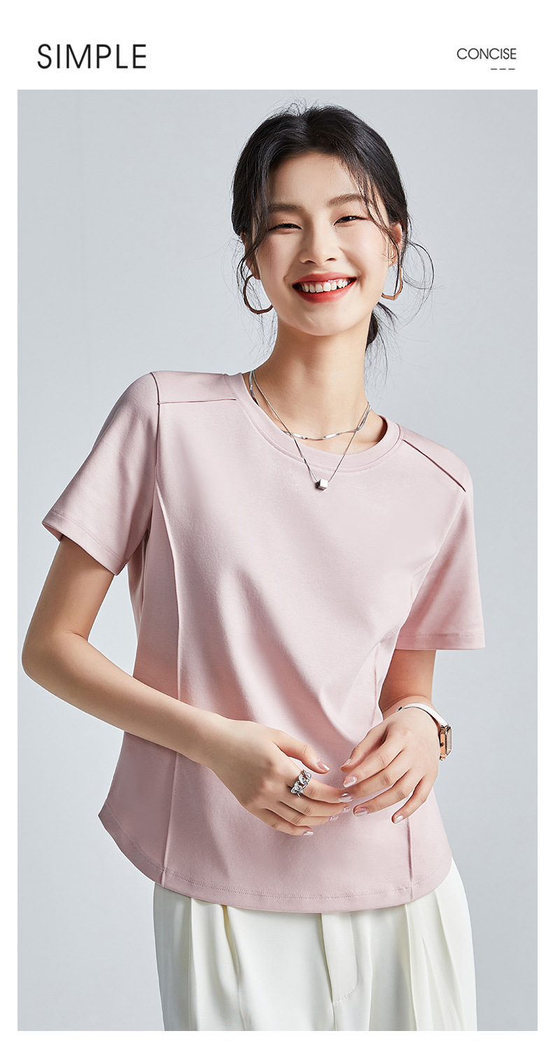 The same style of white short-sleeved off-the-shoulder T-shirt for women in the mall, 25 summer mercerized cotton round-neck base layer T-shirt, half-sleeved pic 30