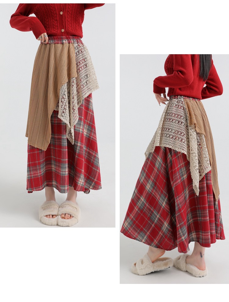 Forest-themed retro checkered skirt for women 2025 new autumn and winter design, irregularly pieced high-waisted A-line long dress pic 21