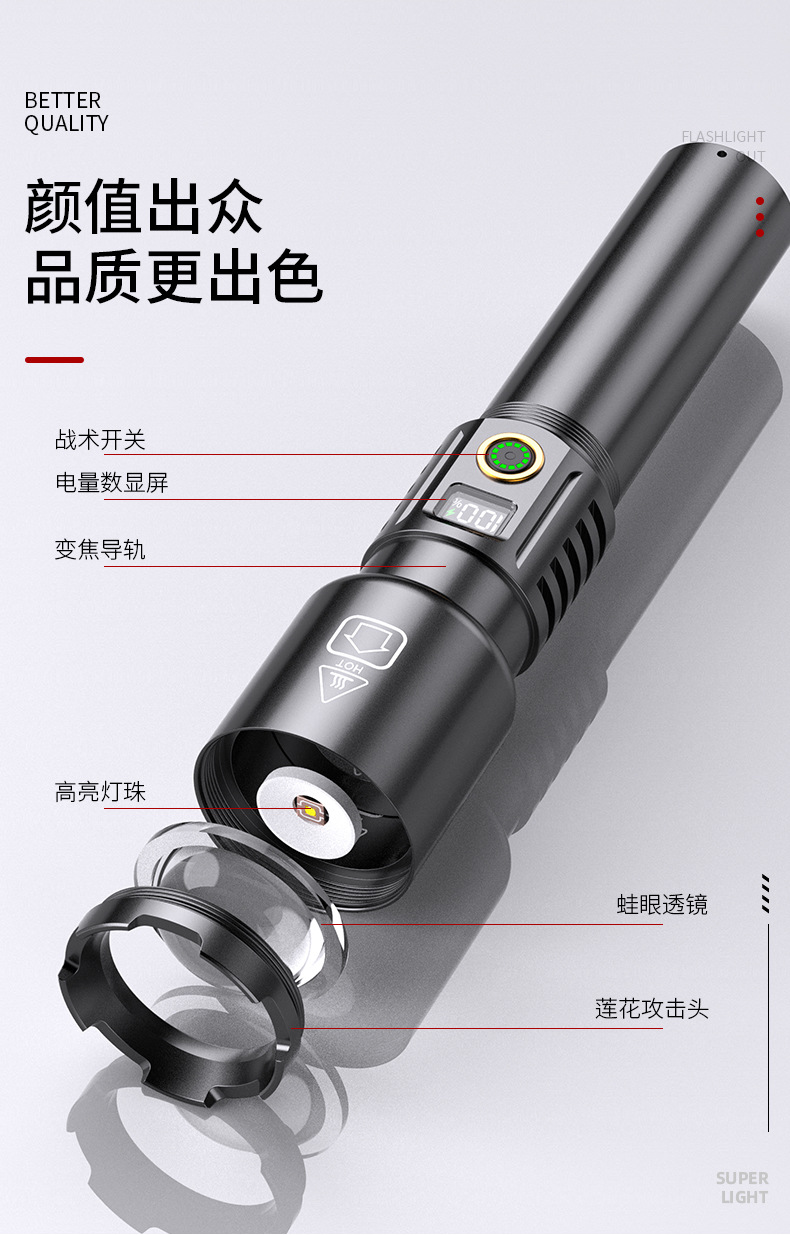 跨境新款户外手电筒强光聚光炮十万流明数显白激光手电筒充电便携详情5
