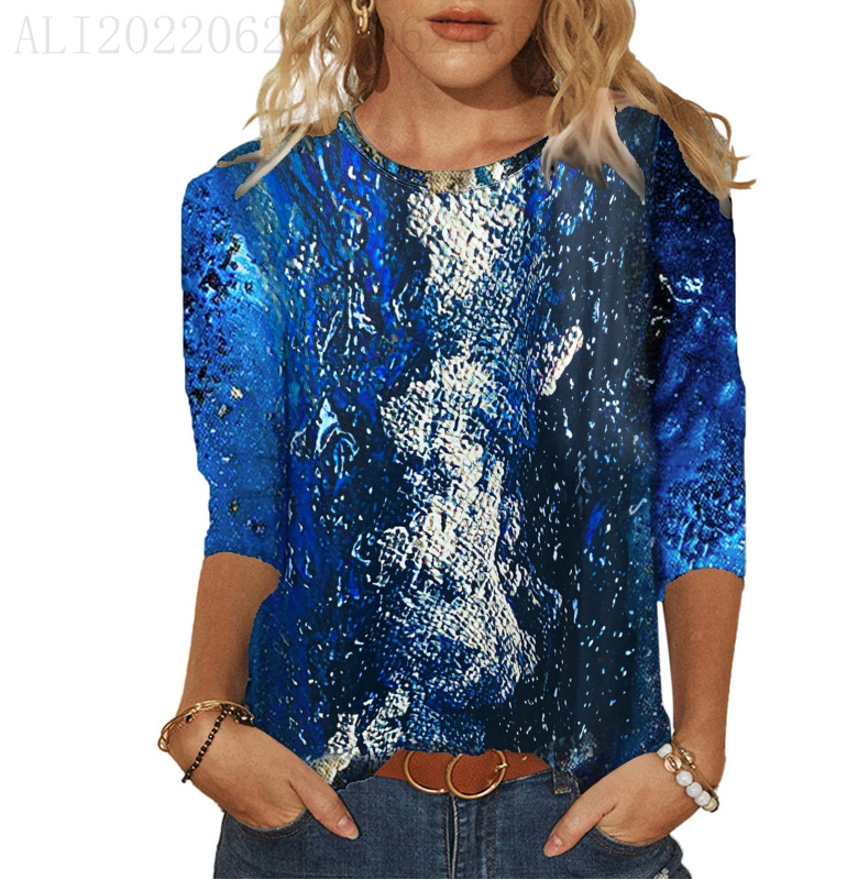 速卖通新款欧美女装爆款 2025图案印花七分袖T恤圆领上衣黑色系详情2