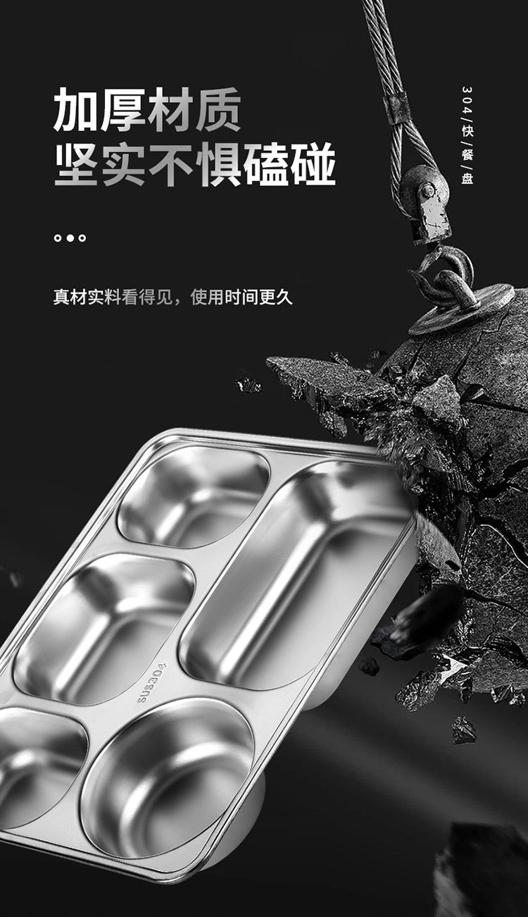 304不锈钢餐盘 成人儿童食堂方形分格餐盒加深加厚带盖饭盘快餐盘详情7