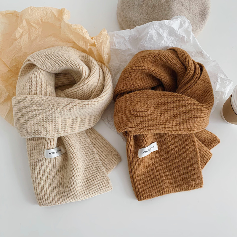 Korean-style solid-color knitted Japanese-style scarf for women in autumn and winter, ins, high-end and versatile, warm and thick woolen scarf, trendy pic 1