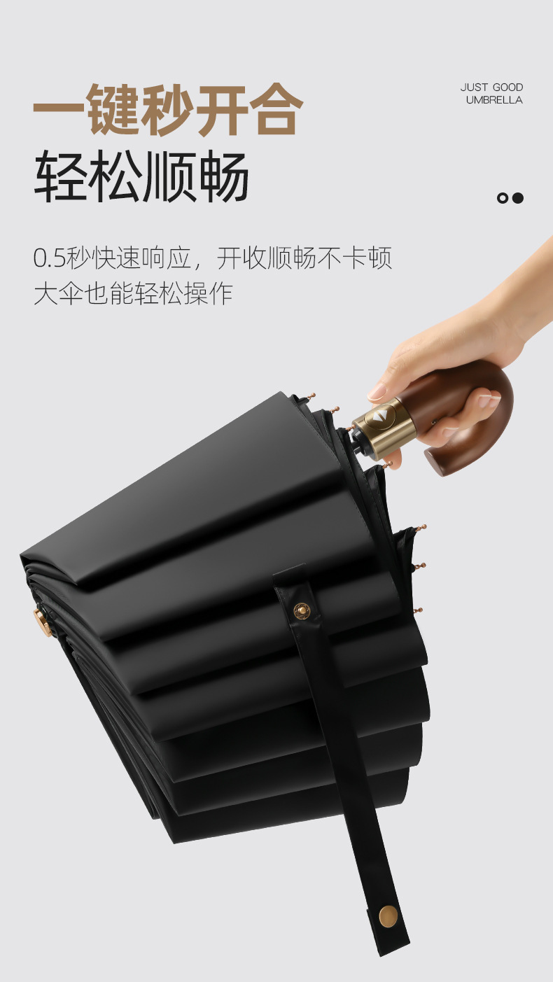 实木弯柄轻奢商务伞六色折叠伞深灰色背景彩虹伞布雨伞纸伞汽车遮阳伞详情5