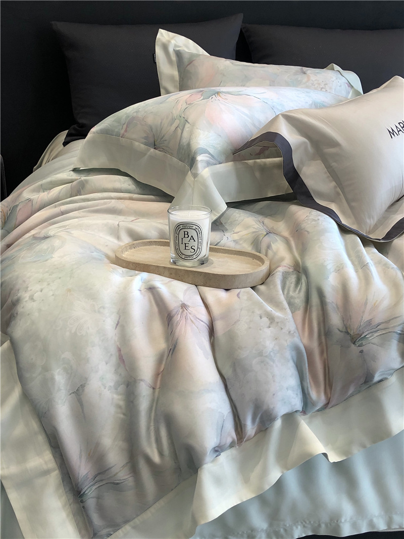 Cool ultra-fine denier Tencel summer light and cool condensation filament four-piece set, elegant printed sweat-absorbing nude bedding pic 43