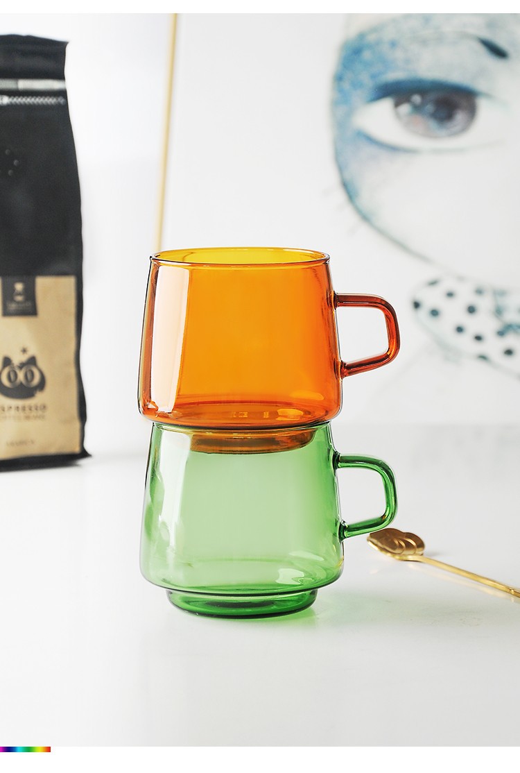 Colored heat-resistant glass water cup, coffee cup and saucer set, suitable for open flame microwave oven, high appearance level, ins light luxury mug pic 15