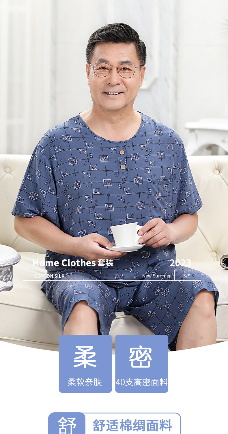 中老年睡衣男士夏天短袖棉绸套装休闲宽松两件套家居服大码可外穿详情1