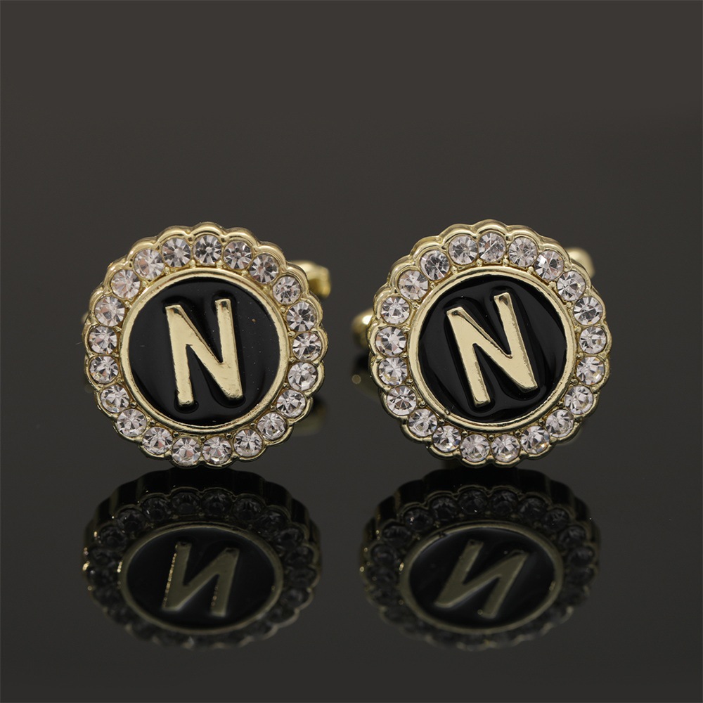 大写字母袖扣圆形镶钻袖钉合金滴油男士衬衫扣26英文字母A-Z配饰详情27