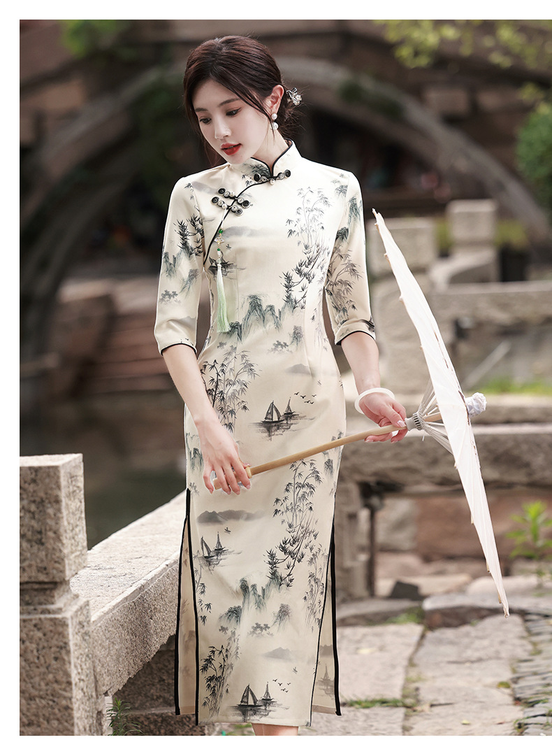 New Chinese-style cheongsam improved version for women, Spring 2025 Jiangnan Suzhou five-quarter sleeve ink-wash painting dress cheongsam pic 12