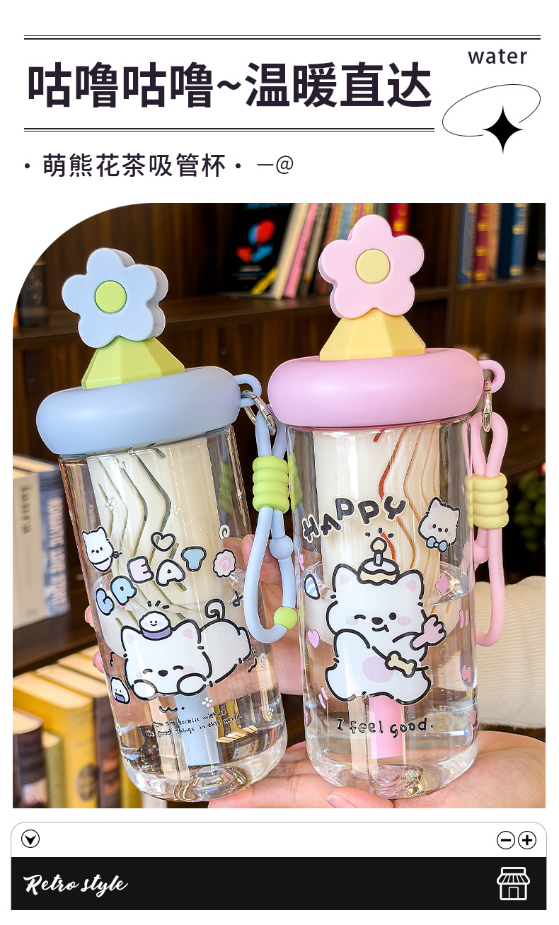 Cute cat-patterned transparent water cup with handle, glass cup with sun relief, glass thermos pic 1