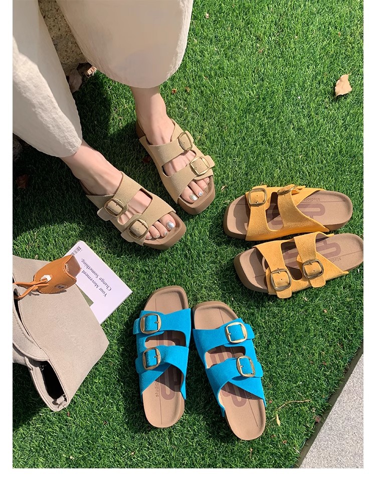 葡萄妈同款~ 真皮牛纹双扣带4.5cm厚底百搭懒人一脚蹬凉拖鞋女夏详情6