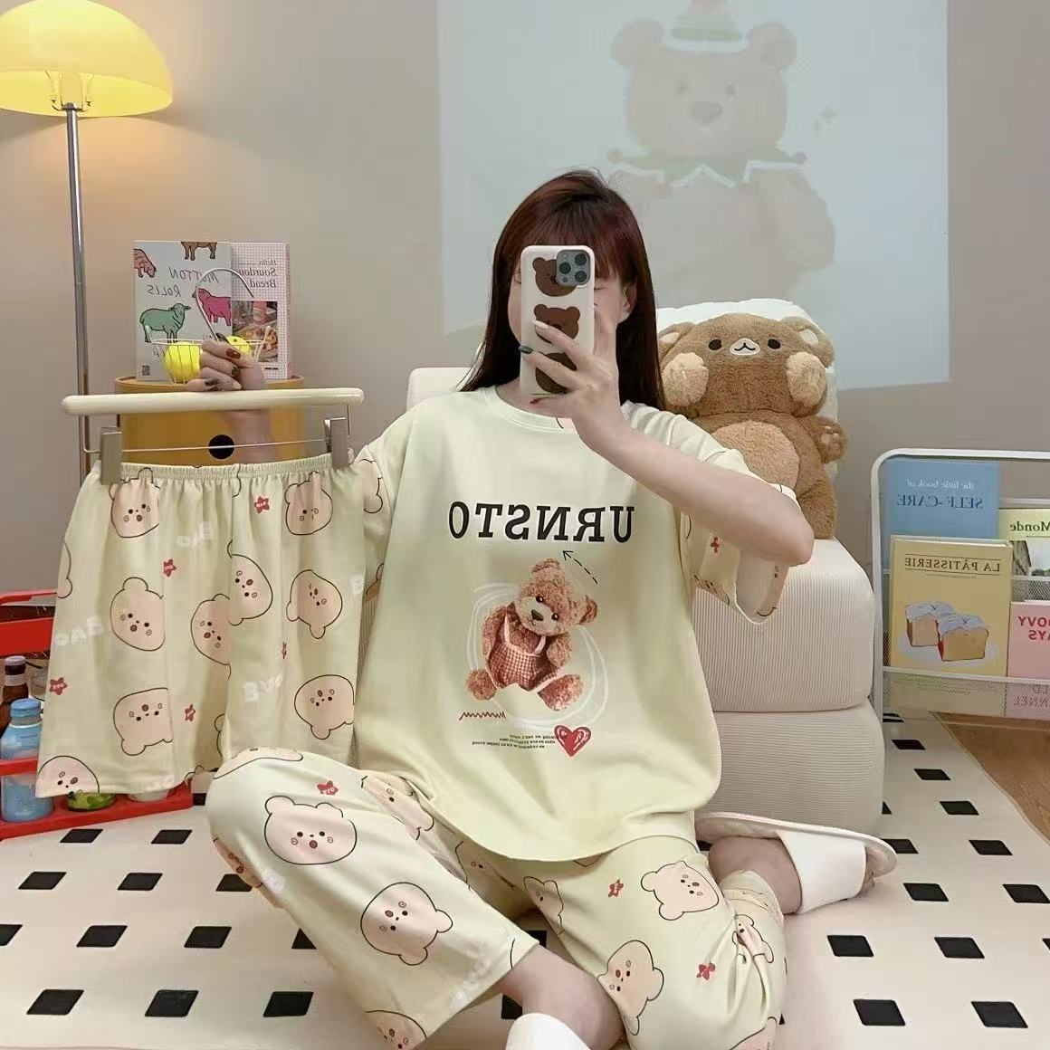 pajamas外贸工厂批发卡通夏季睡衣女短袖大码长裤三件套家居套装详情38