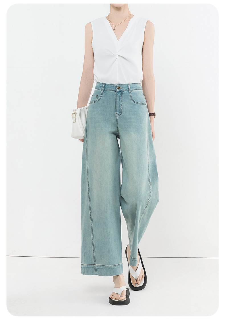 时髦调性牛仔裤女夏季薄款2025新款遮胯显瘦高腰阔腿裤九分弯刀裤详情16