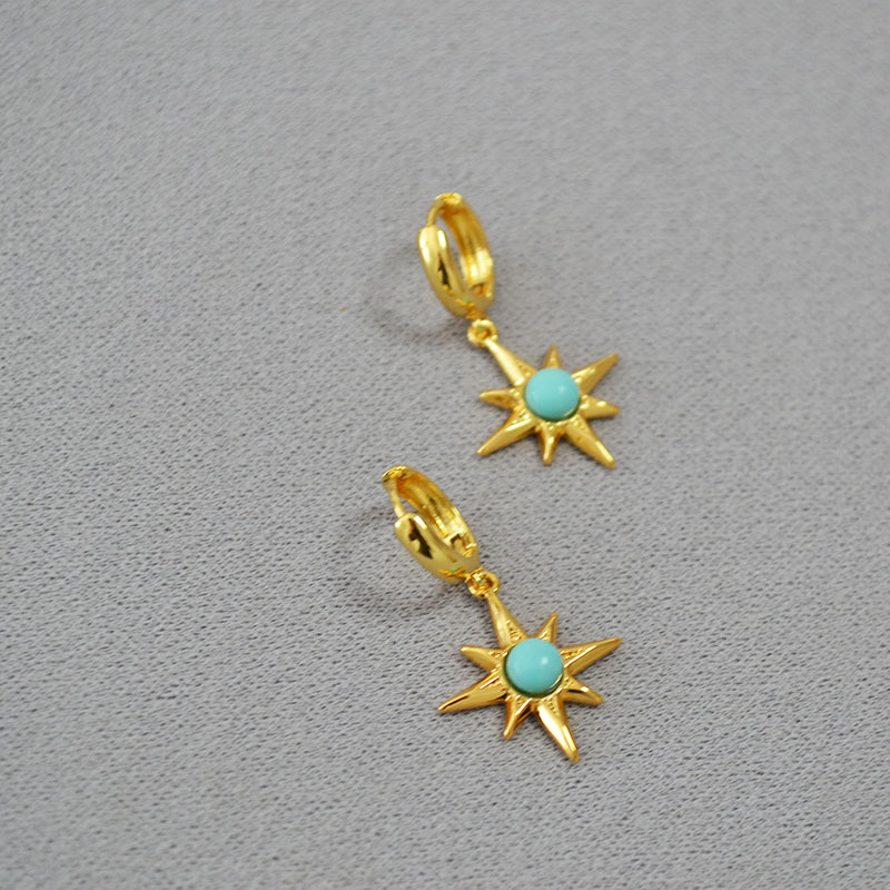 欧美跨境小众设计复古简约八芒星镶嵌绿松石黄铜镀金耳环耳扣耳饰详情2