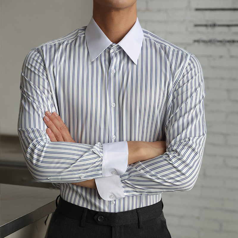 秋季休闲撞色异色领条纹长袖衬衫男士英伦商务修身衬衣跨境亚马逊详情7