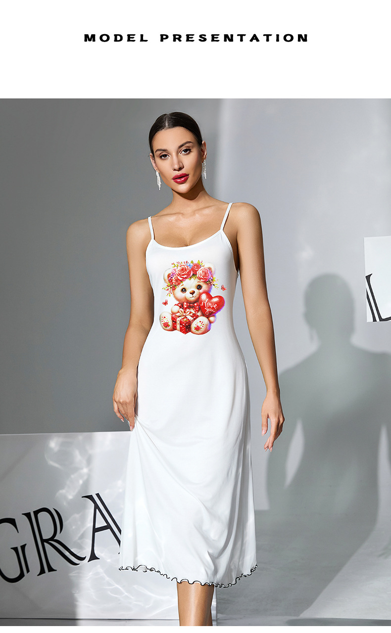 Milk silk skin-friendly halter long dress for women. Multiple patterns to choose from. Printed black and white ear trim. Home wear and sleeping dress 930 pic 9