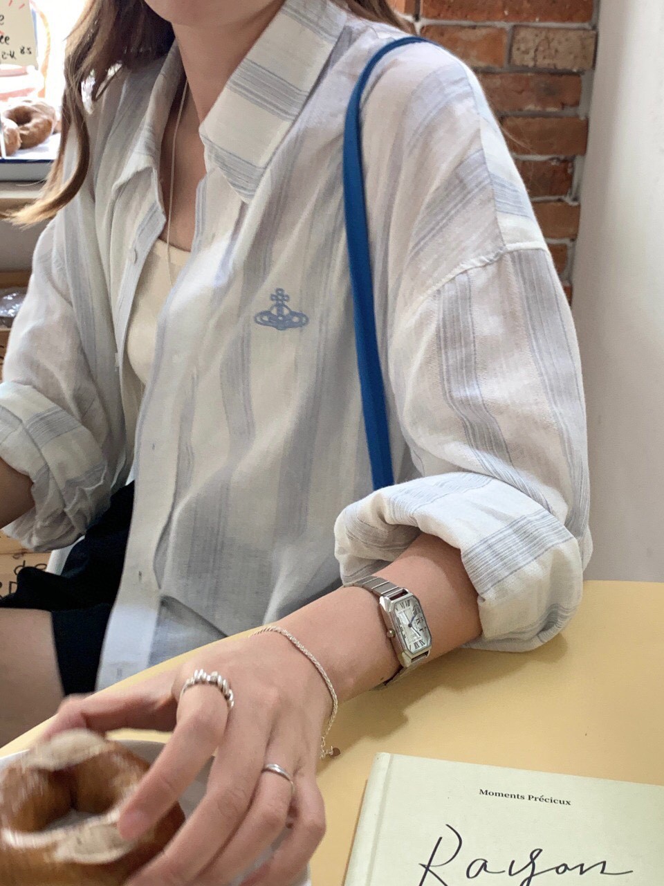 西太后亚麻衬衫土星刺绣竖条纹防晒衬衫女中长款宽松显瘦韩版衬衣详情5