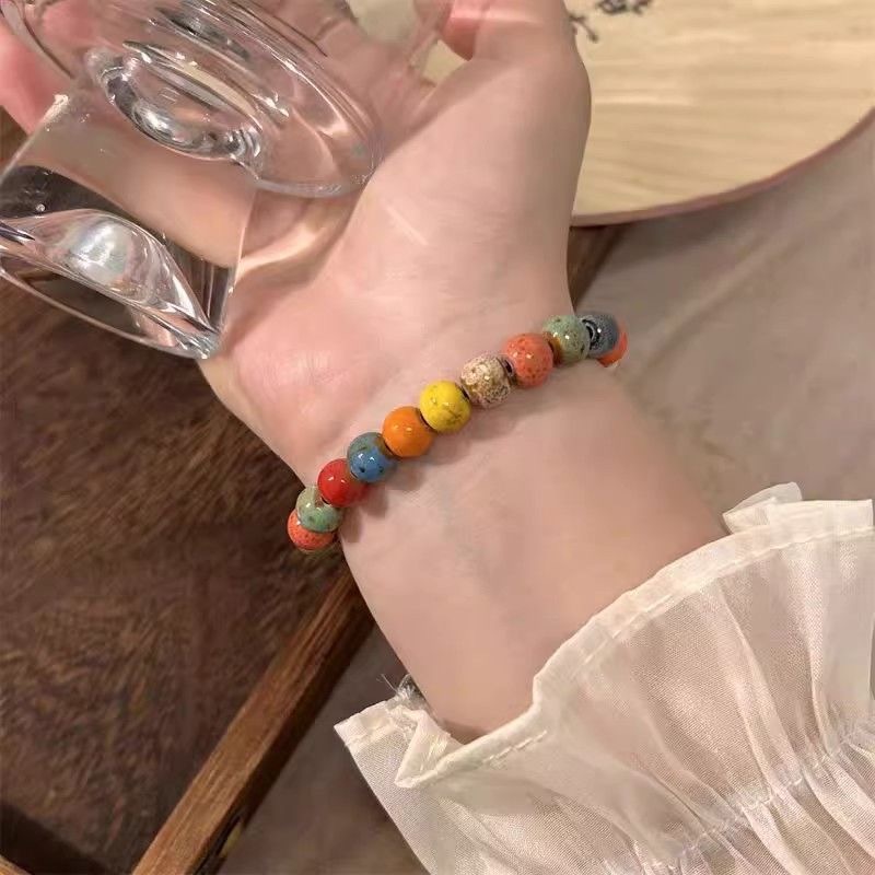 多巴胺彩色陶瓷串珠手錬女小众设计波西米亚手串气质弹力叠戴手饰详情4