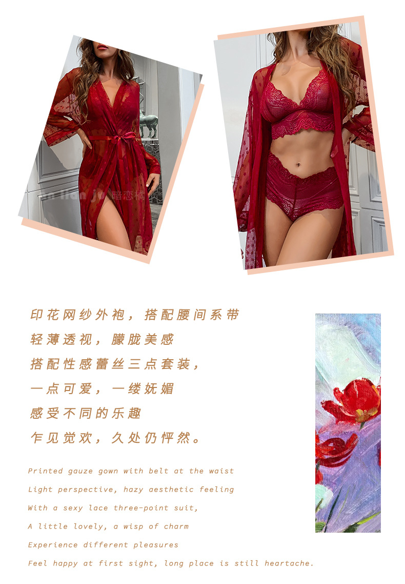 Cross-border foreign trade independent station Sexy mesh see-through pajamas four-piece set Long outer robe bra underwear set 9076 pic 2