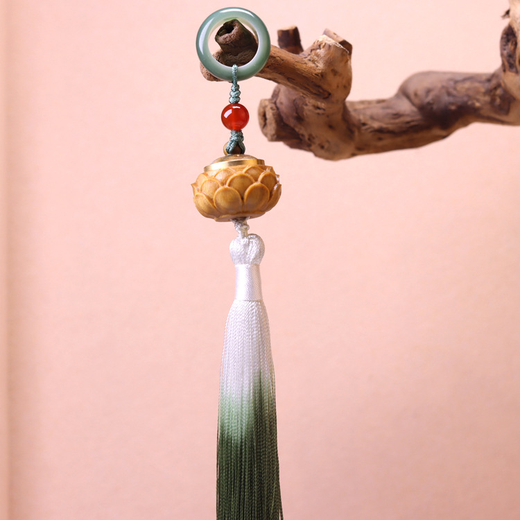 White, yellow and green Bodhi running ring pendant with tassel prayer beads pendant accessory, hand-held pendant with tassel hand-held prayer beads pendant pic 3