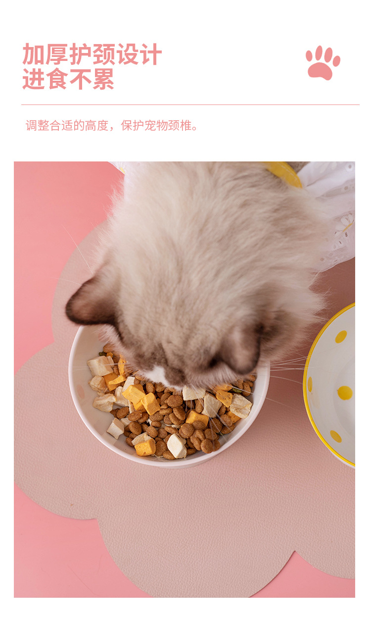 Customized Hepburn-style polka dot cat bowl, ceramic high-legged spine protection pet bowl, slanted cat basin, easy-to-clean ceramic food bowl pic 4