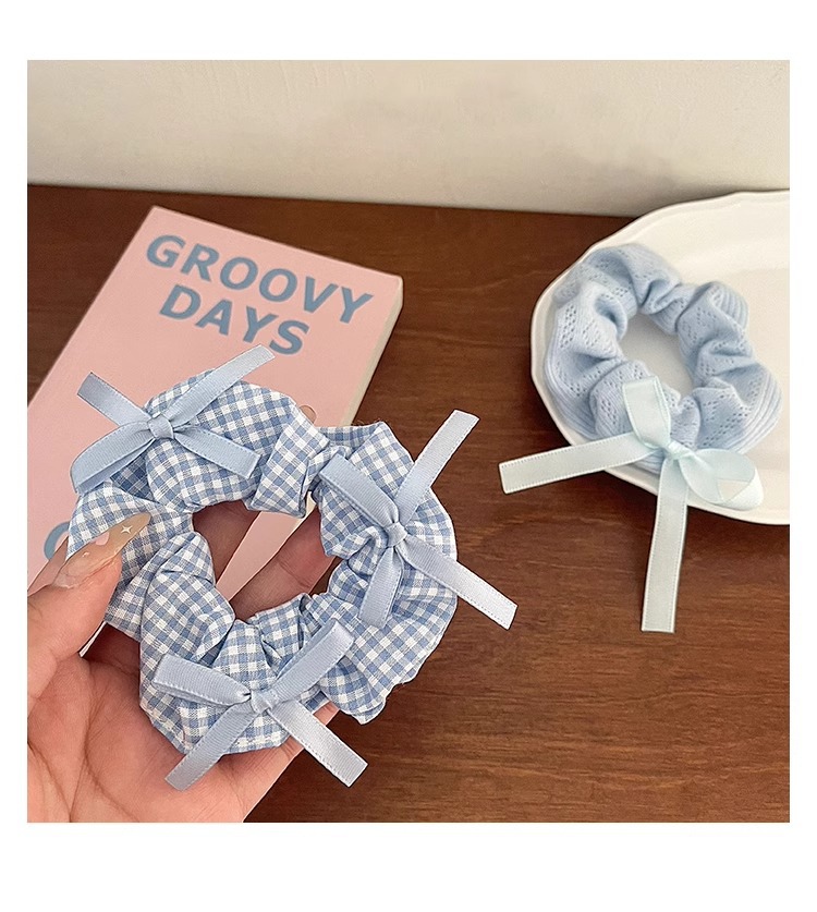 蓝色小清新蝴蝶结大肠发圈女蕾丝花边扎高马尾发绳高颜值皮筋头绳详情20