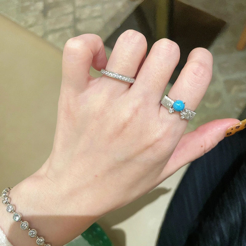 Retro new Chinese-style brushed four-prong turquoise ring, hand-brushed satin design, small and exquisite traditional Chinese style ring pic 4