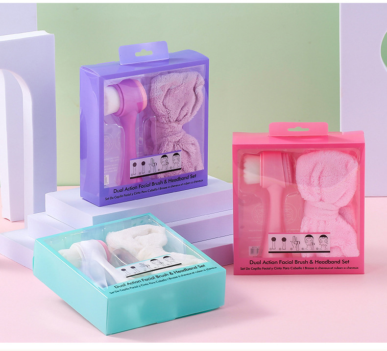Double-sided facial brush and hair band set, blackhead cleansing brush, coral fleece bow hair band pic 18