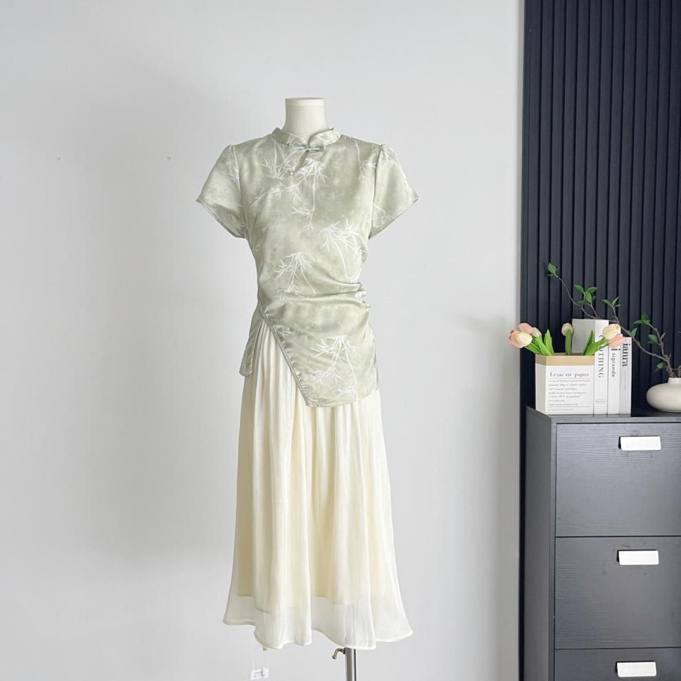 杨大卷国风假两件收腰连衣裙新中式绿色改良旗袍女不规则拼接清冷详情6