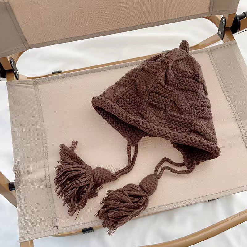 女童秋冬加厚流苏系带套头帽洋气手工针织帽新年红色帽保暖包头帽详情5