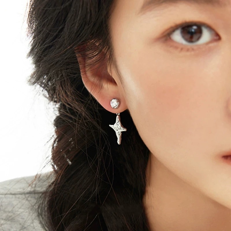 EVES*镶钻星芒耳钉 25年新款高级感冷淡风银色简约气质四芒星耳钉详情4
