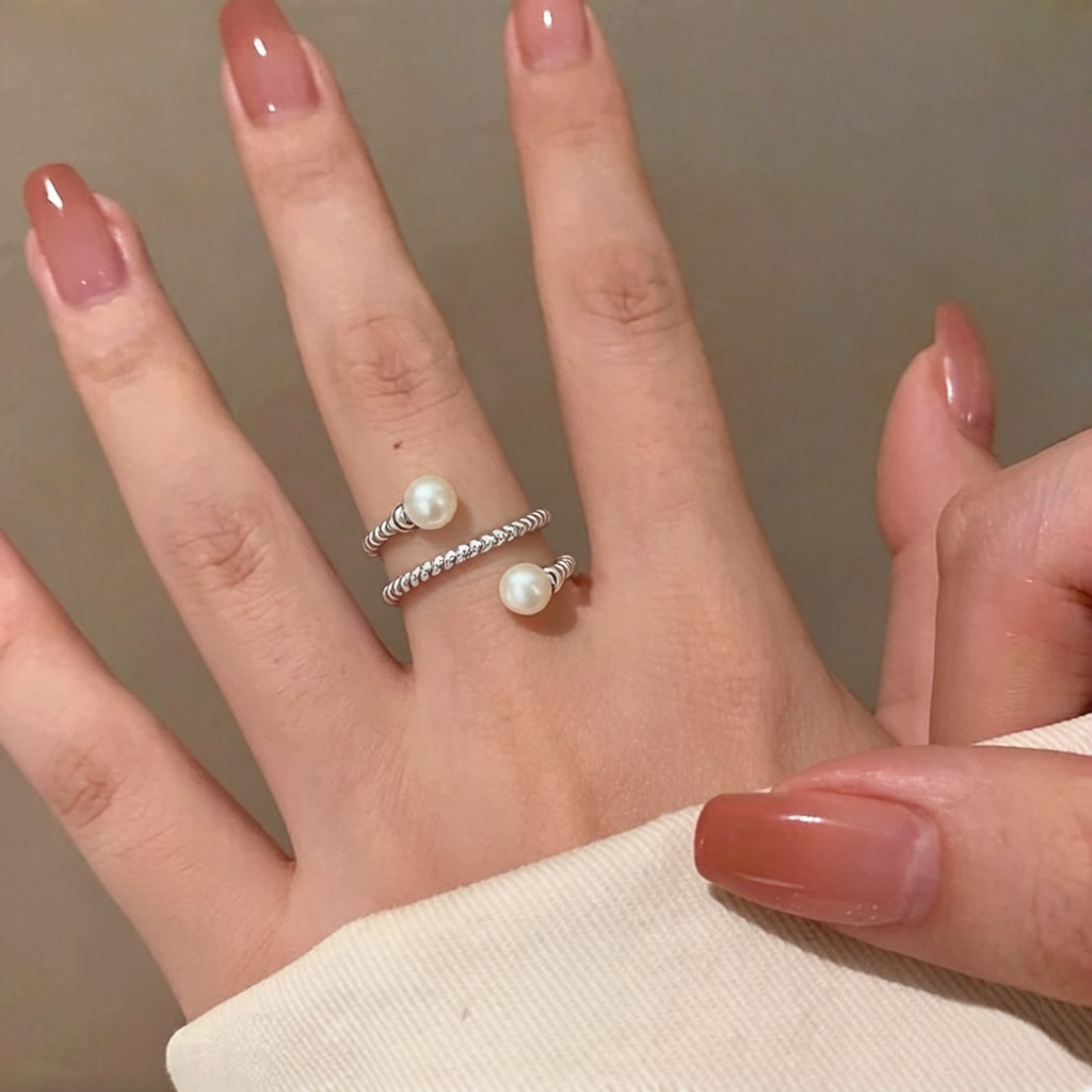 S925 sterling silver wound pearl ring for women, a light luxury and high-end exquisite index finger ring, fashionable and individual, with adjustable opening pic 3