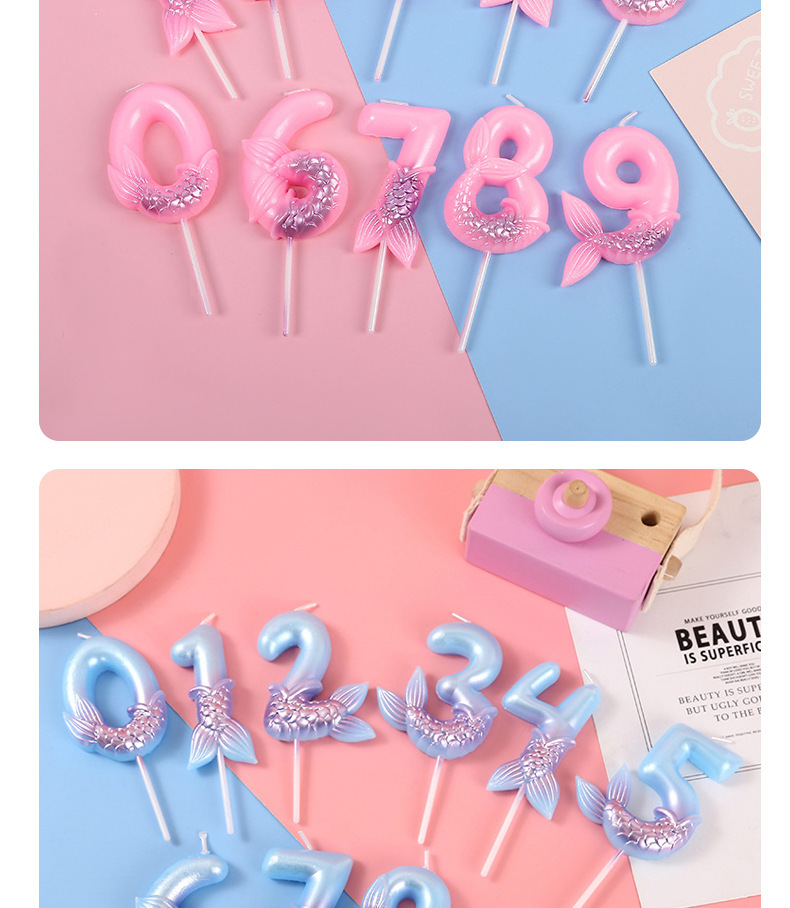 Cross-border bestseller mermaid digital candle pink and blue birthday outfit plugin Fishtail party decoration pic 9