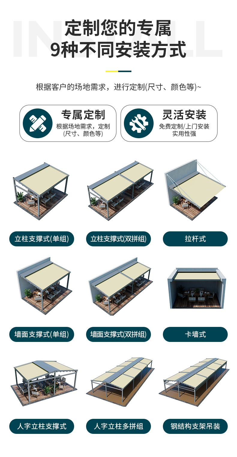 星辰工厂批发电动遥控折叠伸缩式天幕遮阳棚 家用庭院露台铝合金雨棚遮阳防雨详情3