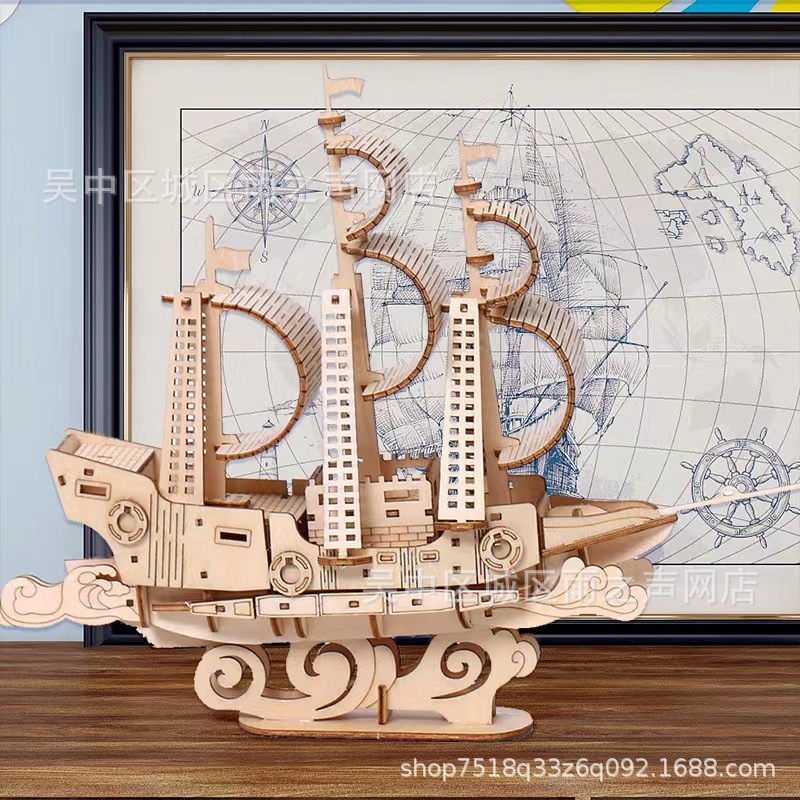 Wooden diy assembly toys, train 3D puzzles, carousel, Ferris wheel, pumpkin car, ocean sailboat models pic 6
