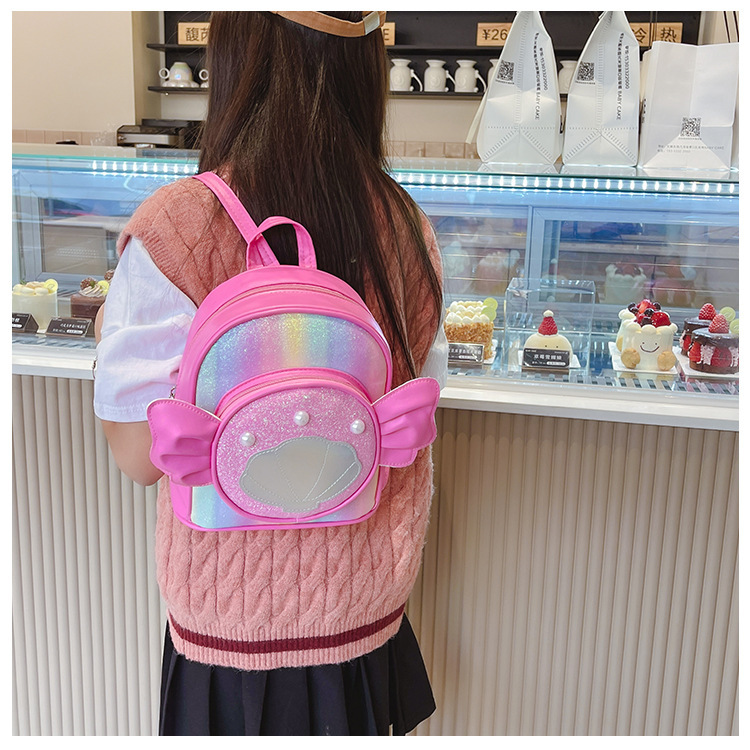 Rainbow gradient sequin backpack, pearl shell pattern, pink bow, outdoor hiking canvas schoolbag, lightweight and durable pic 29