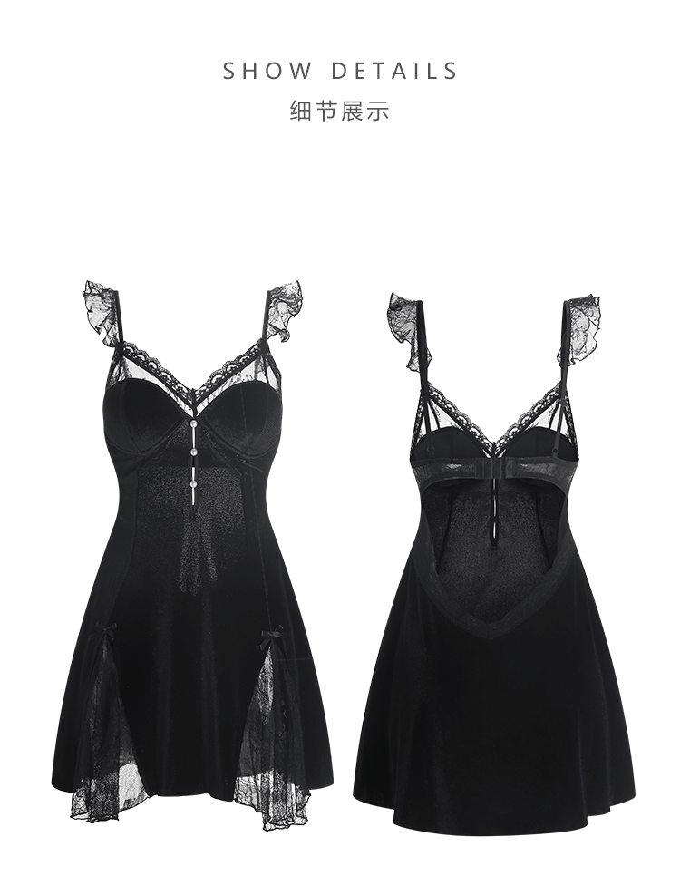 A seductive lace see-through deep V with a chest cushion, a sweet sleeping dress, an outer robe and velvet home wear set 3908 pic 4