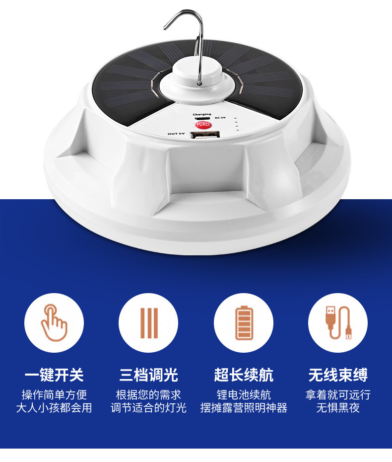 LED太阳能露营灯应急飞碟充电球泡带挂钩摆摊露营户外防水应急灯详情7