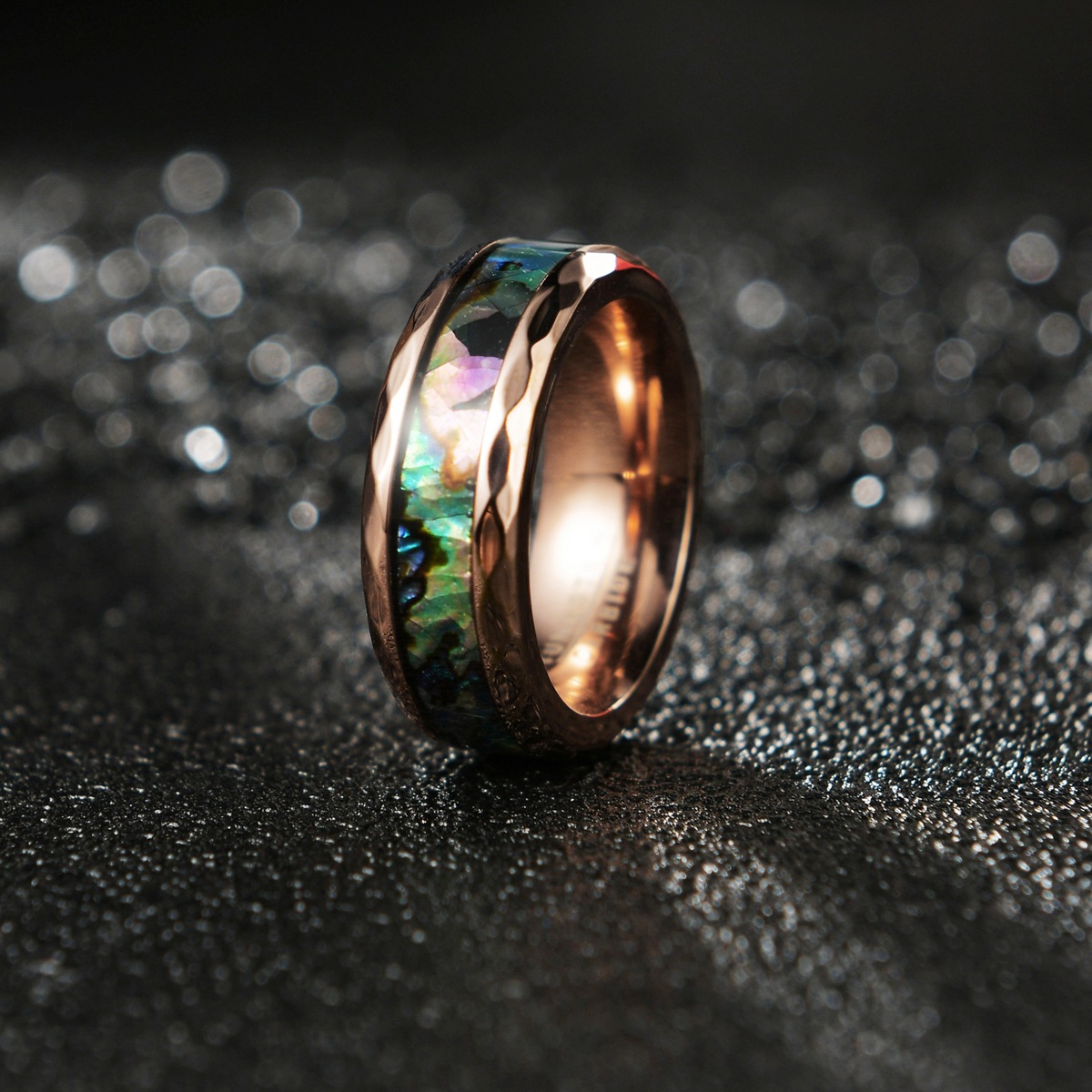 European and American cross-border style diamond-shaped edge-plated black rose gold ring for men, titanium steel set abalone shell ring pic 4