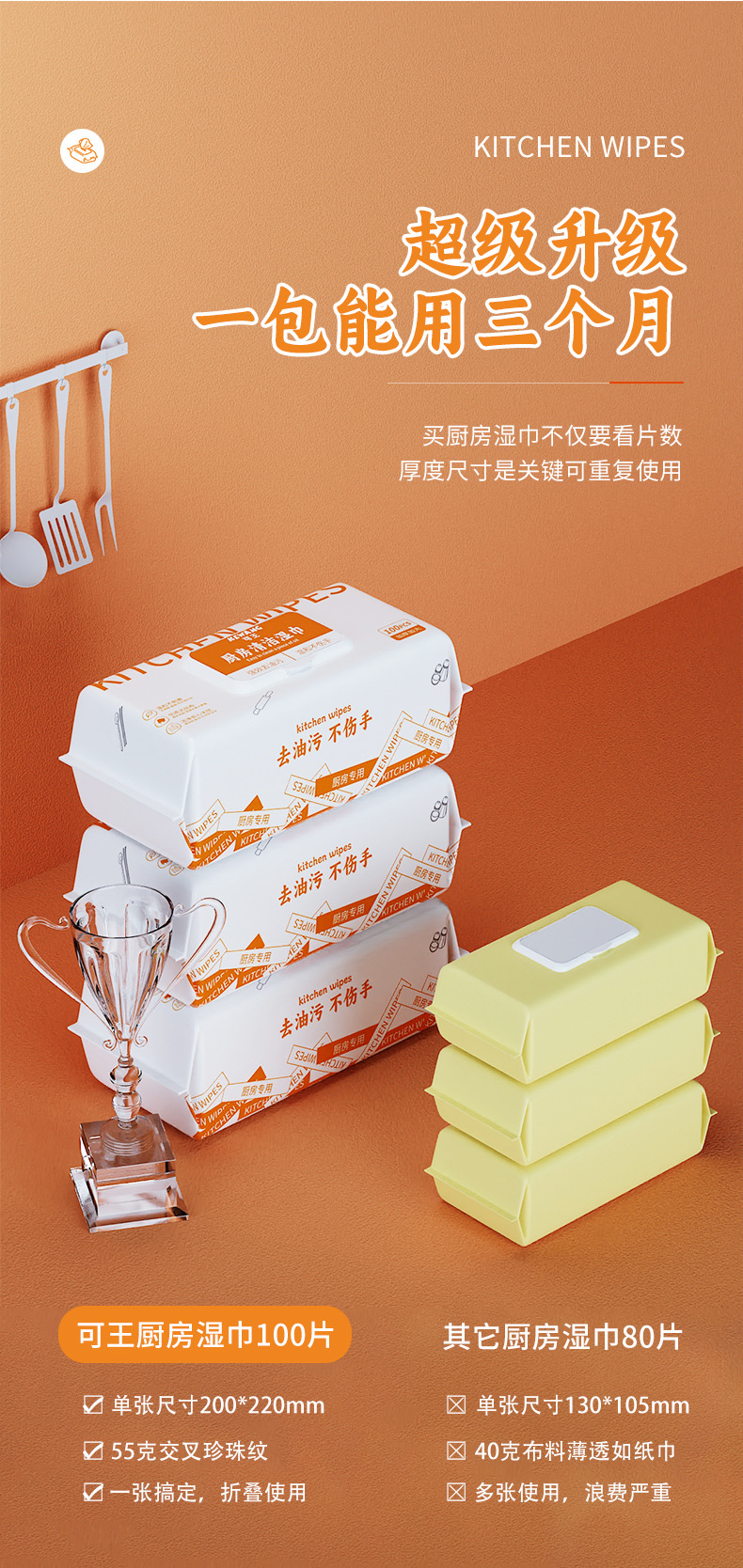 厨房湿巾80抽大包强力去油污专用一次性湿巾纸清洁超大超厚湿纸巾详情11