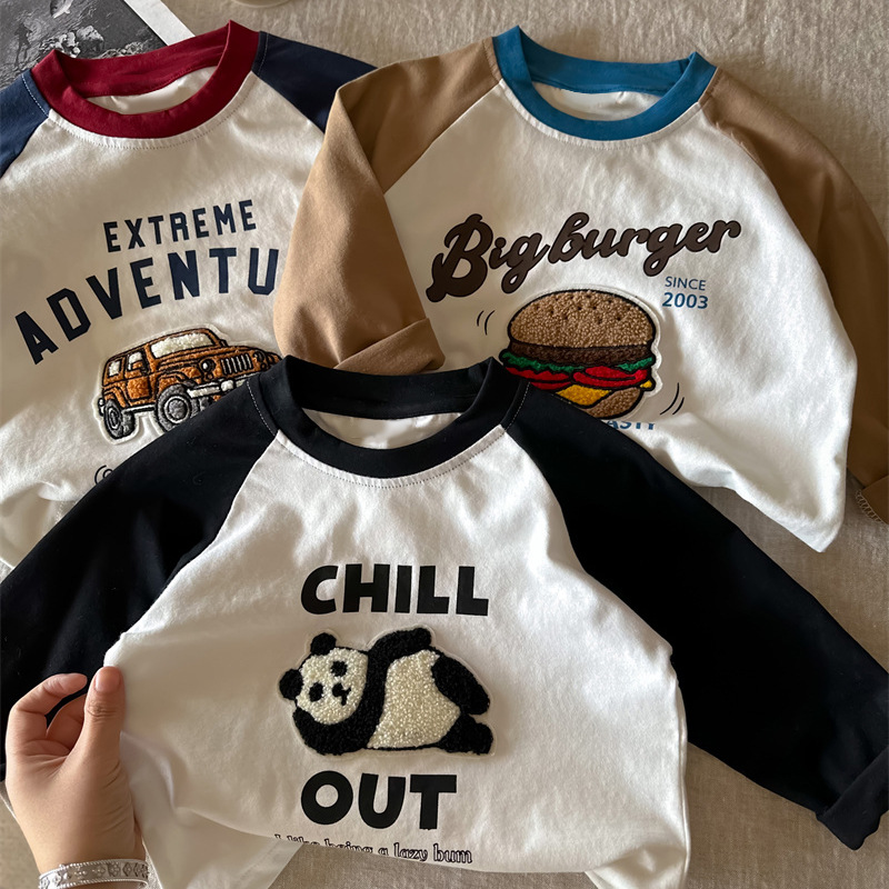 纯棉男女儿童t恤长袖上衣服2024刺绣植绒百搭中小童装打底衫春秋详情7